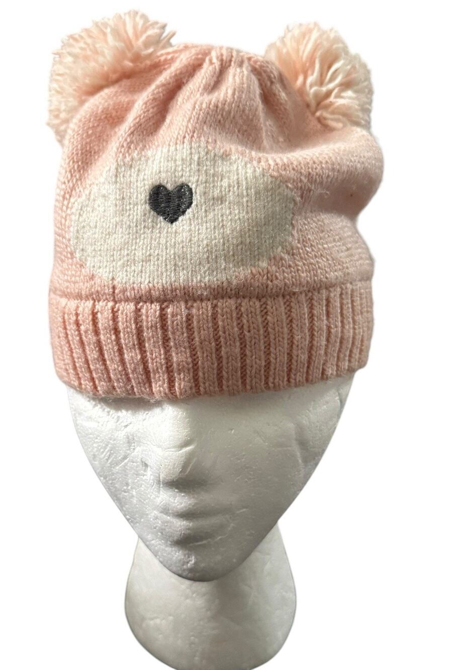 Baby Gap Knit Pink Ready Bear Beanie Hat Pom Poms Small